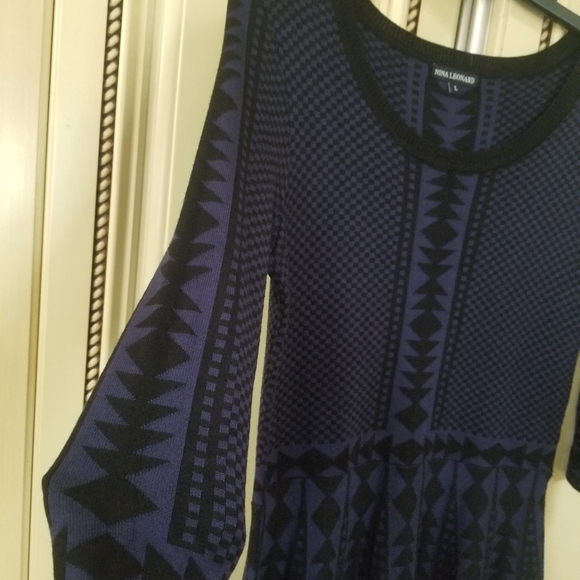 Nina Leonard navy tribal 3/4 sleeve sweater dress womens size Large (97) - Picture 2 of 9